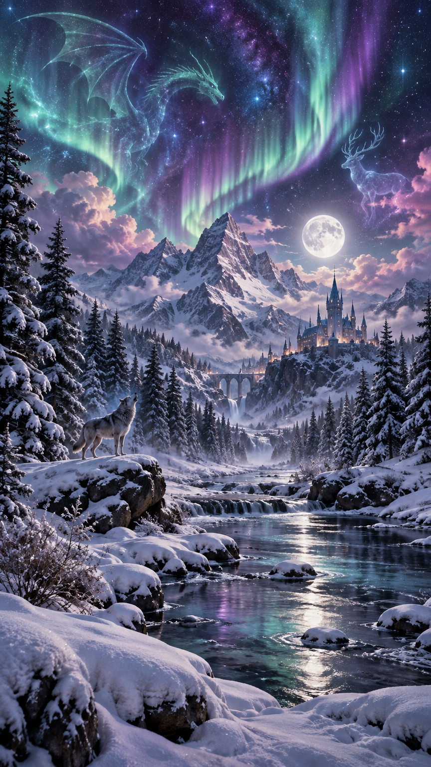 A breathtaking winter landscape under a magical fantasy sky, featuring snow-covered trees and mounta