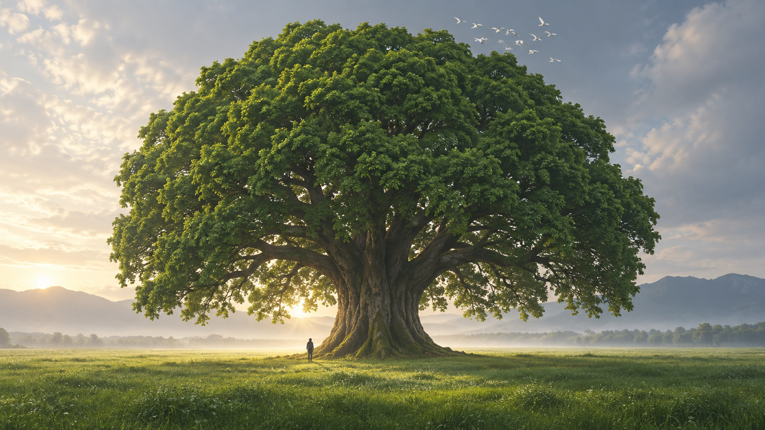 A massive, lush tree with a dense, vibrant green canopy that almost forms a perfect dome, standing a