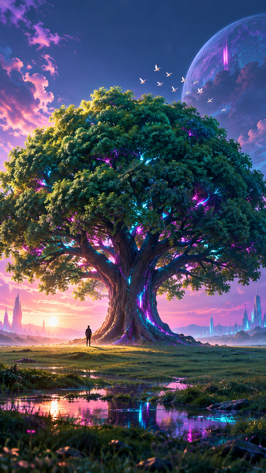 A massive, lush tree with a dense, vibrant green canopy that almost forms a perfect dome, standing a